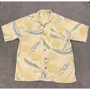 Tommy Bahama Shirt Men Medium Yellow Palm Hawaiian Silk Aloha Textured Camp‎